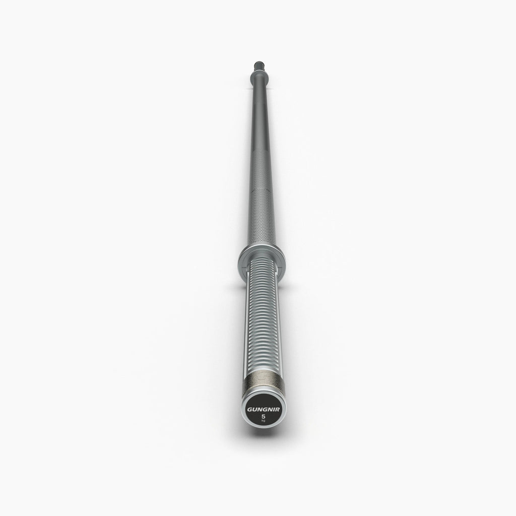A colarless Gungnire stainless steel barbell on grey background.