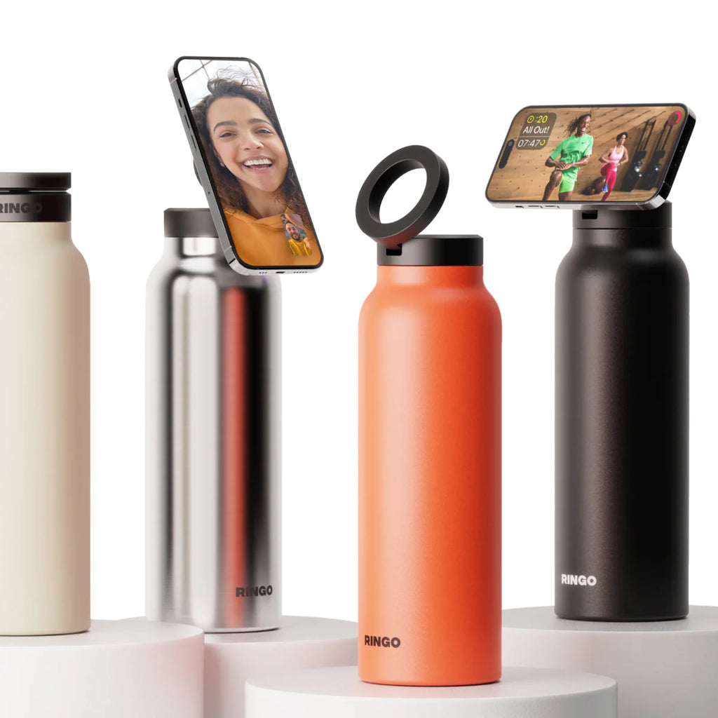 Set of four RINGO water bottles in different colors with smartphone screens showing people on a white background.
