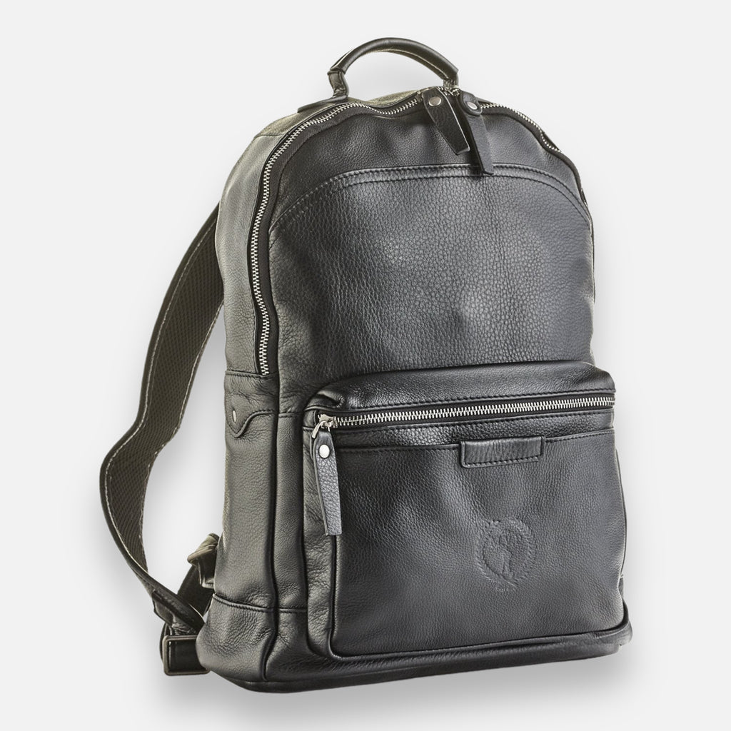 A black leather backpack with a front pocket and visible stitching, displayed against a white background.
