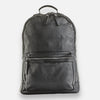 A black leather backpack with a front pocket and visible stitching, displayed against a white background.