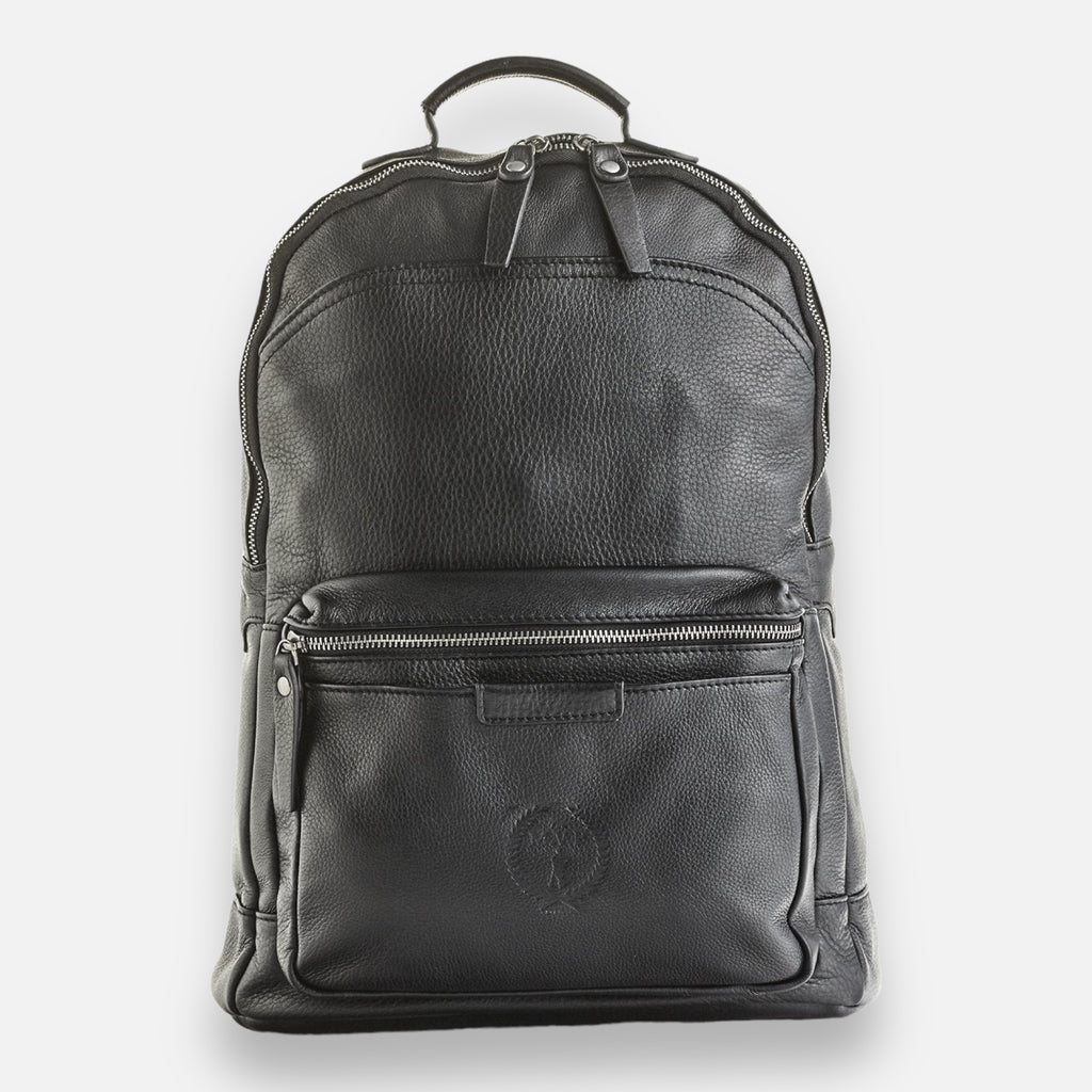 A black leather backpack with a front pocket and visible stitching, displayed against a white background.