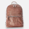 A brown leather backpack with a front pocket and visible zipper closure. The backpack features an embossed design on the front pocket.