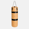 Tan punching bag with black bands and a chain on a white background