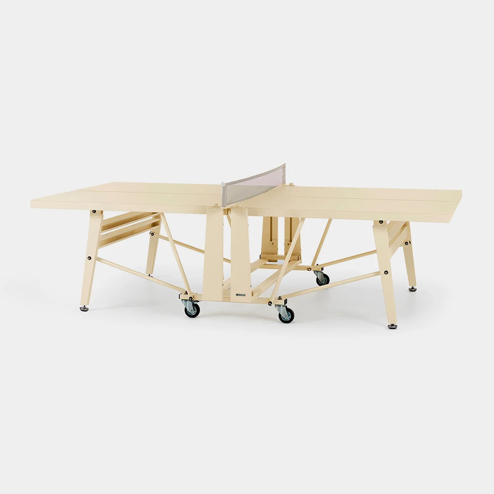 Wooden ping pong table with net on a white background