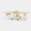 Wooden ping pong table with net on a white background