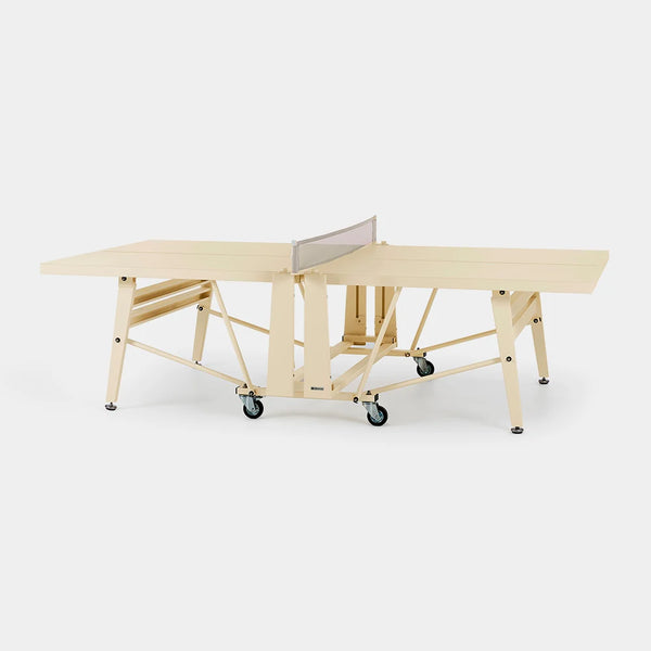 Wooden ping pong table with net on a white background