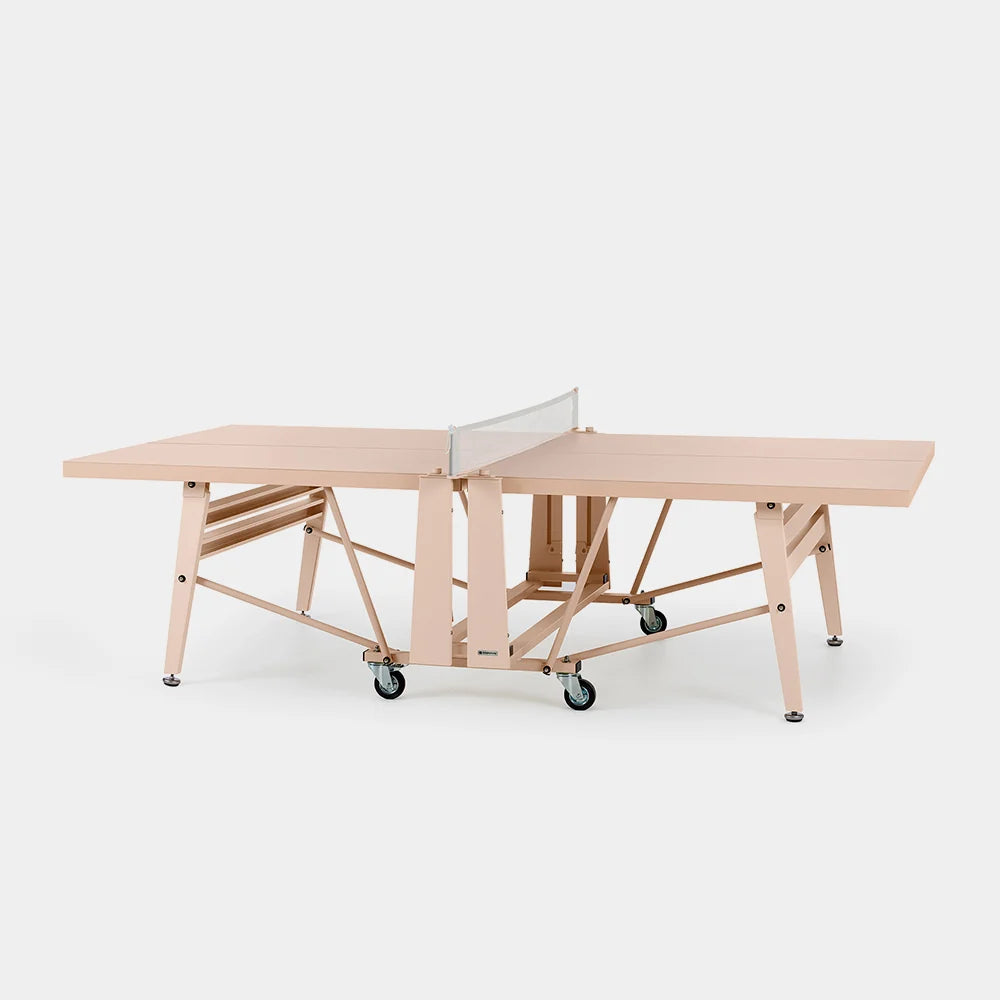 Wooden ping pong table with a white background
