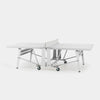 A white and silver convertible ping-pong table shown folded open on a clean white studio background.