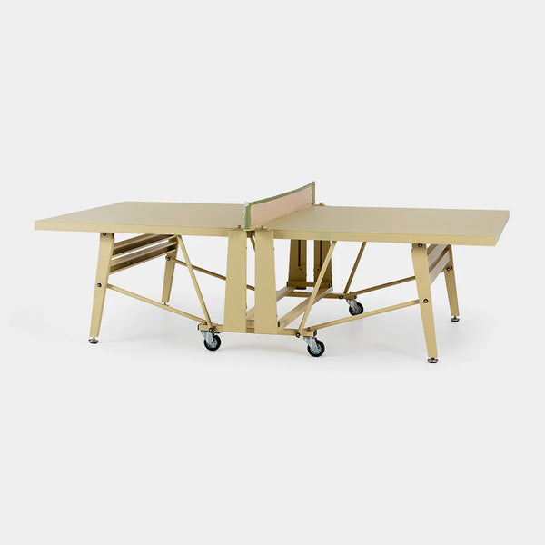 A light wood and gold-finished folding table with a net on wheels, shown on a clean white background.
