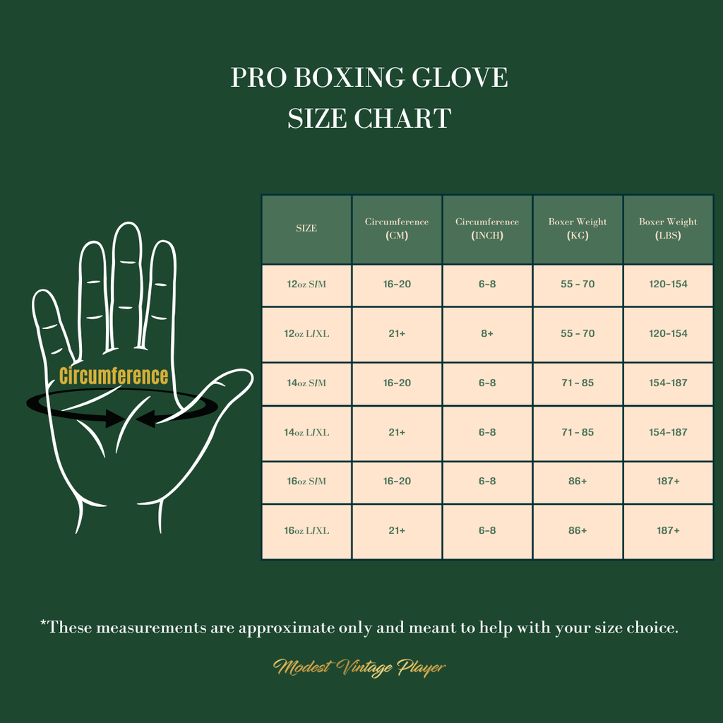 Pro boxing glove size chart with hand illustration on a green background