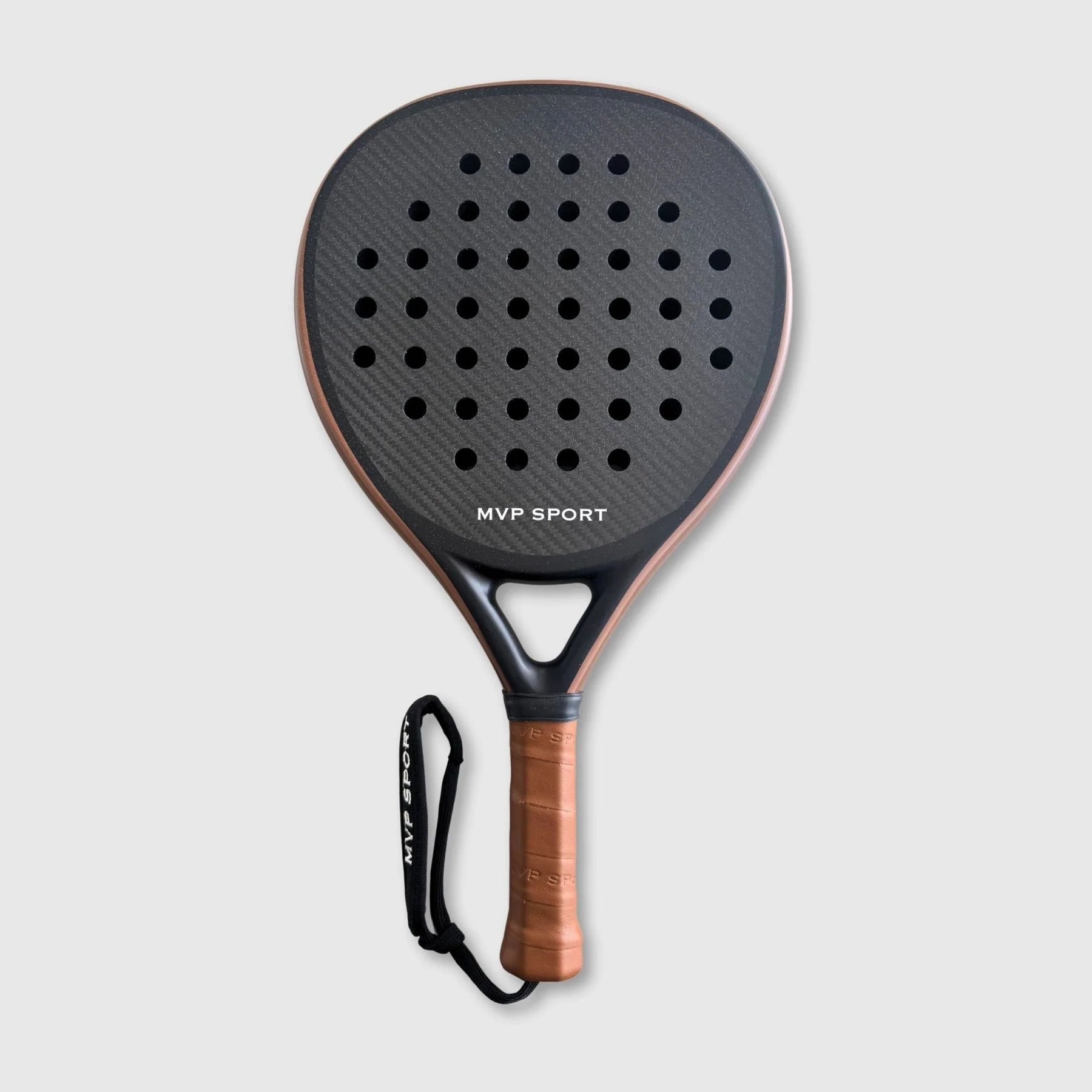 Paddle racket with MVP Sport branding on a light gray background