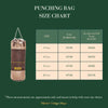 Punching bag size chart with measurements and recommended fill weight on a green background