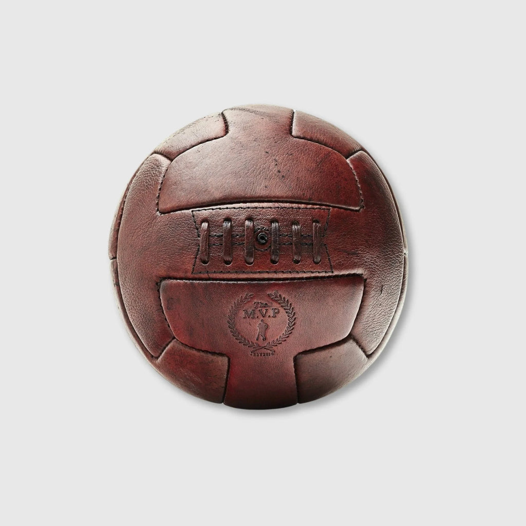 A brown, vintage-style T-panel soccer ball with embossed text and logo.