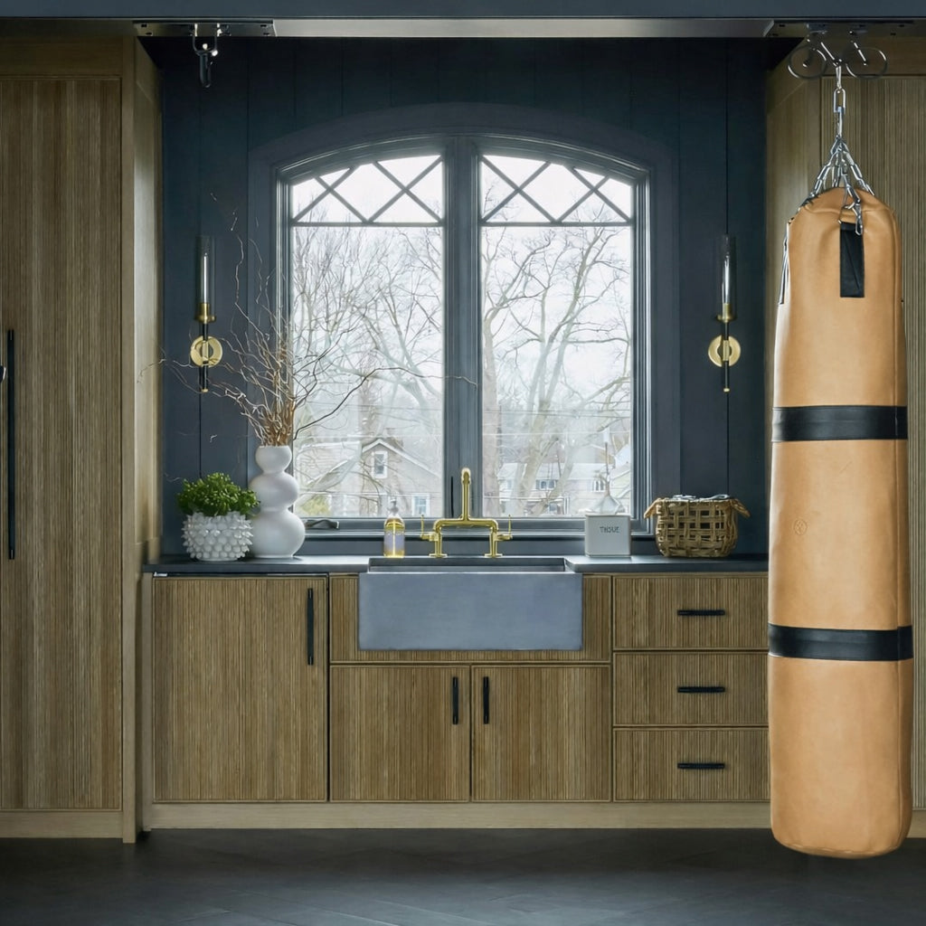 Kitchen with wooden cabinets, a large window, and a punching bag hanging on the wall.