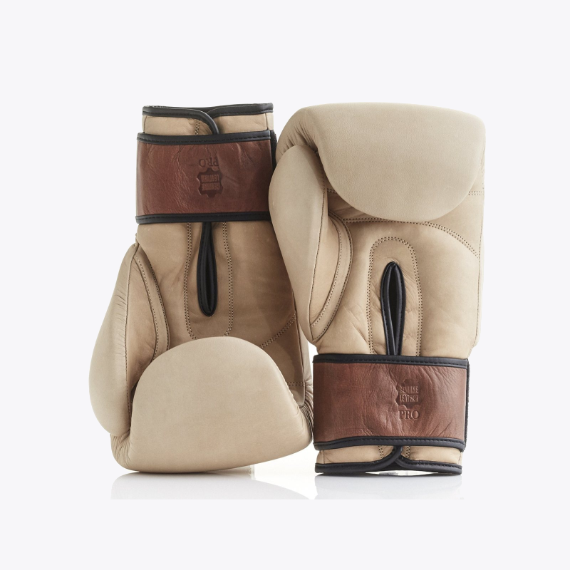 PRO Cream / Brown Leather Boxing Gloves (Strap Up) - ninjoo