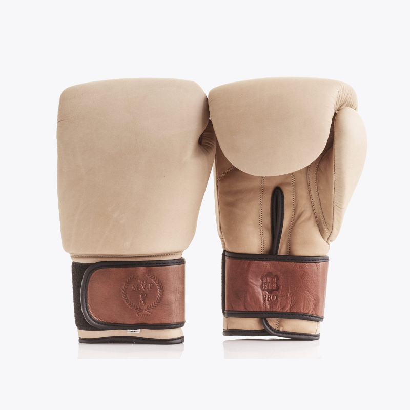 PRO Cream / Brown Leather Boxing Gloves (Strap Up) - ninjoo